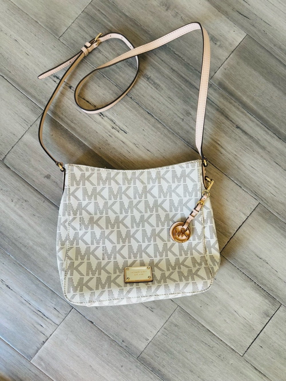 Michael Kors Beige & White MK Logo Crossbody Bag